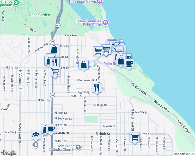 map of restaurants, bars, coffee shops, grocery stores, and more near 5228 North Commercial Street in Ruston