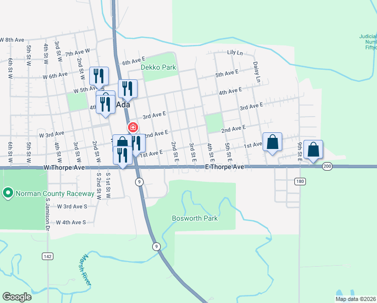 map of restaurants, bars, coffee shops, grocery stores, and more near 14 2nd Street East in Ada