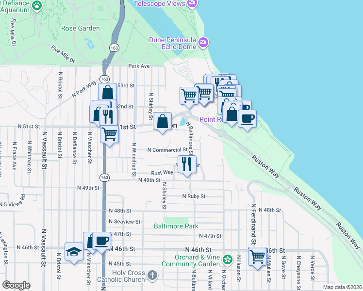 map of restaurants, bars, coffee shops, grocery stores, and more near 5324 North Commercial Street in Ruston