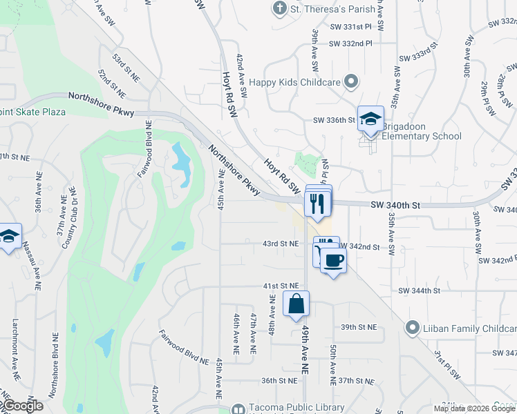 map of restaurants, bars, coffee shops, grocery stores, and more near 4541 44th Street Northeast in Tacoma