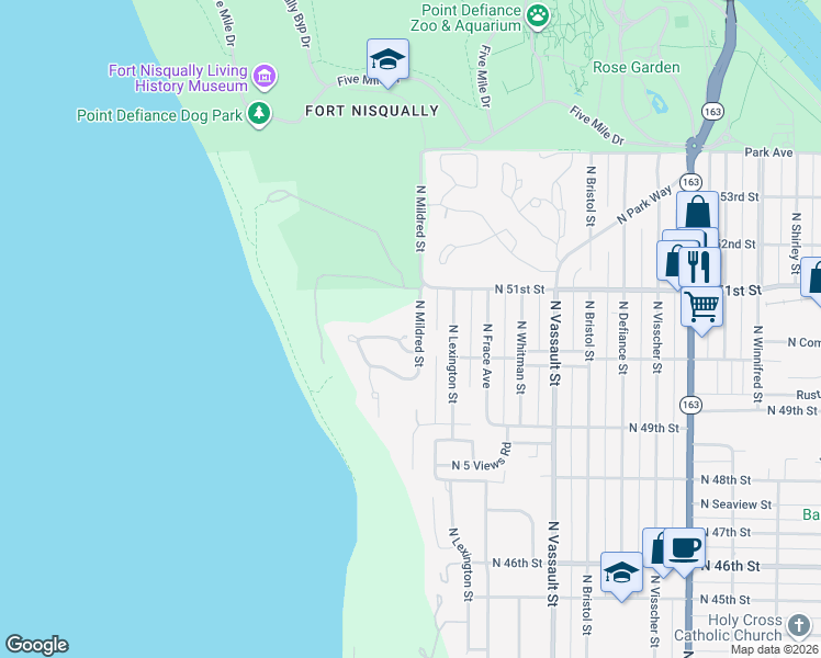 map of restaurants, bars, coffee shops, grocery stores, and more near 5001 Mildred Street in Tacoma