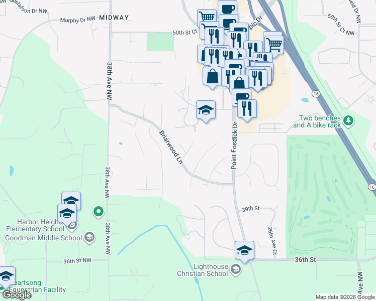map of restaurants, bars, coffee shops, grocery stores, and more near 4215 33rd Avenue Court in Gig Harbor