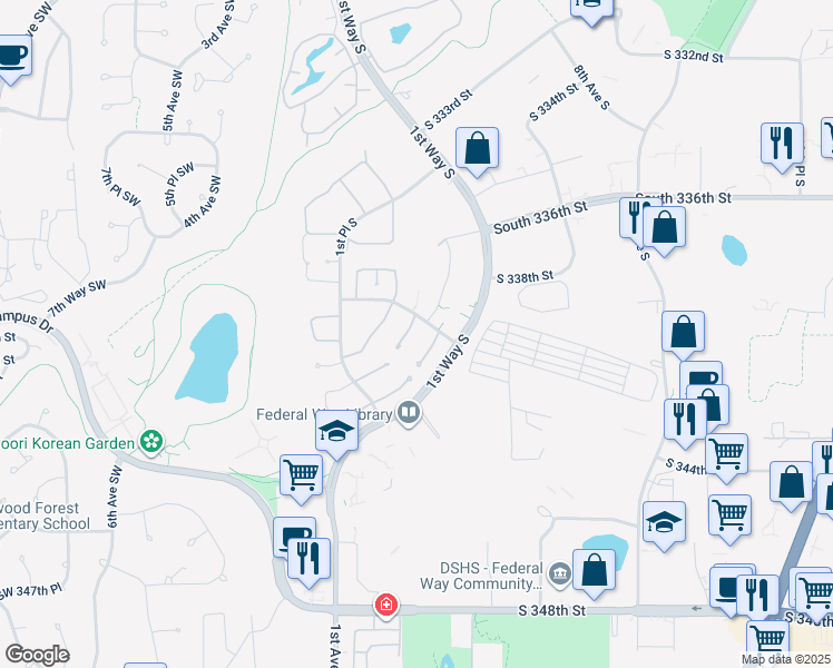 map of restaurants, bars, coffee shops, grocery stores, and more near 177 South 342nd Place in Federal Way