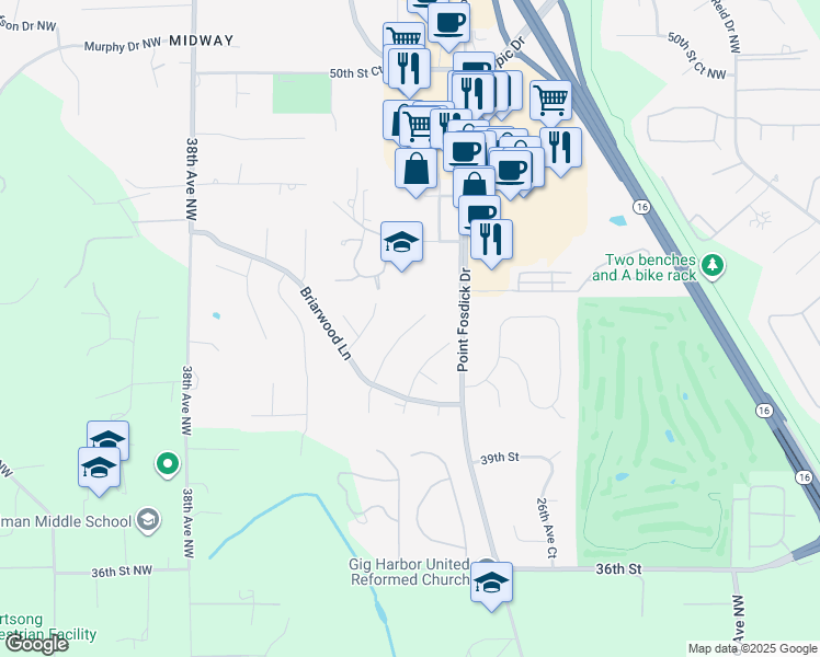 map of restaurants, bars, coffee shops, grocery stores, and more near 4211 32nd Avenue Court in Gig Harbor