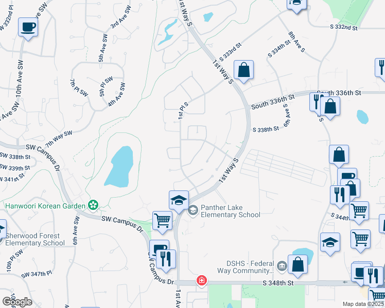 map of restaurants, bars, coffee shops, grocery stores, and more near 34034 1st Place South in Federal Way