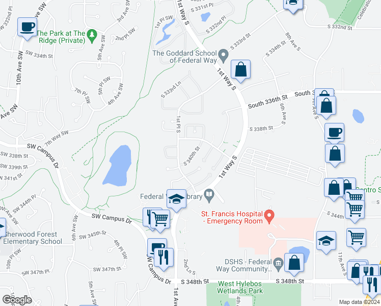 map of restaurants, bars, coffee shops, grocery stores, and more near 34034 1st Place South in Federal Way
