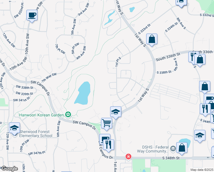 map of restaurants, bars, coffee shops, grocery stores, and more near 34015 1st Circle South in Federal Way