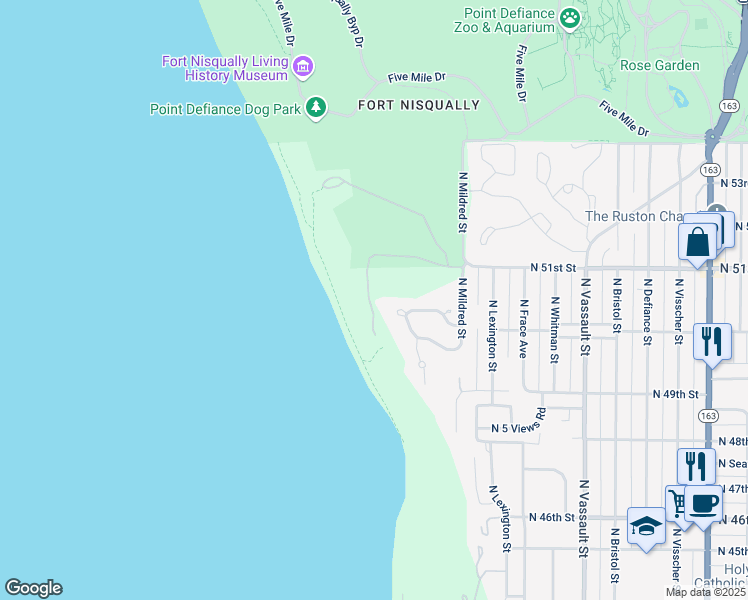 map of restaurants, bars, coffee shops, grocery stores, and more near 92 North Salmon Beach in Tacoma