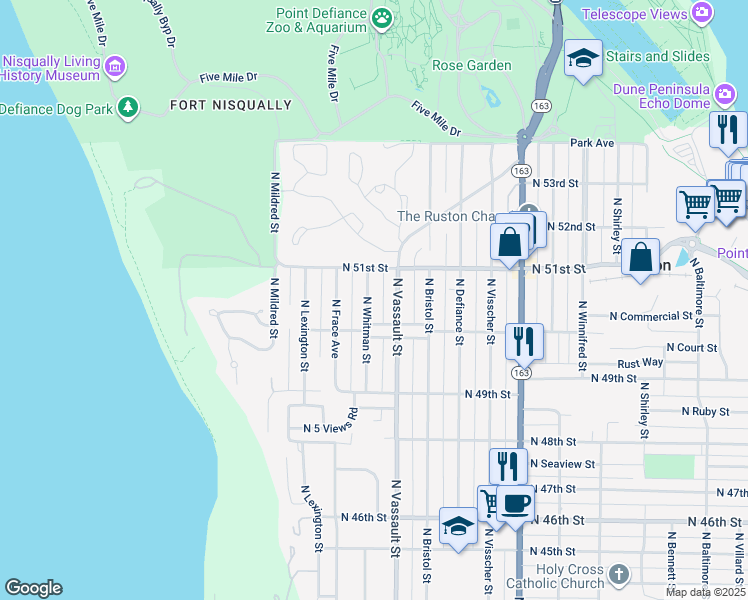 map of restaurants, bars, coffee shops, grocery stores, and more near 5019 North Whitman Street in Tacoma