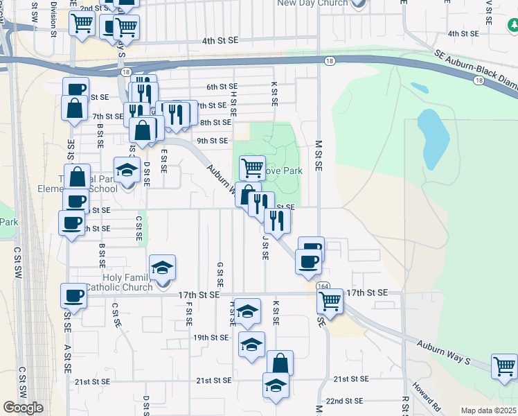 map of restaurants, bars, coffee shops, grocery stores, and more near 1140 Auburn Way South in Auburn