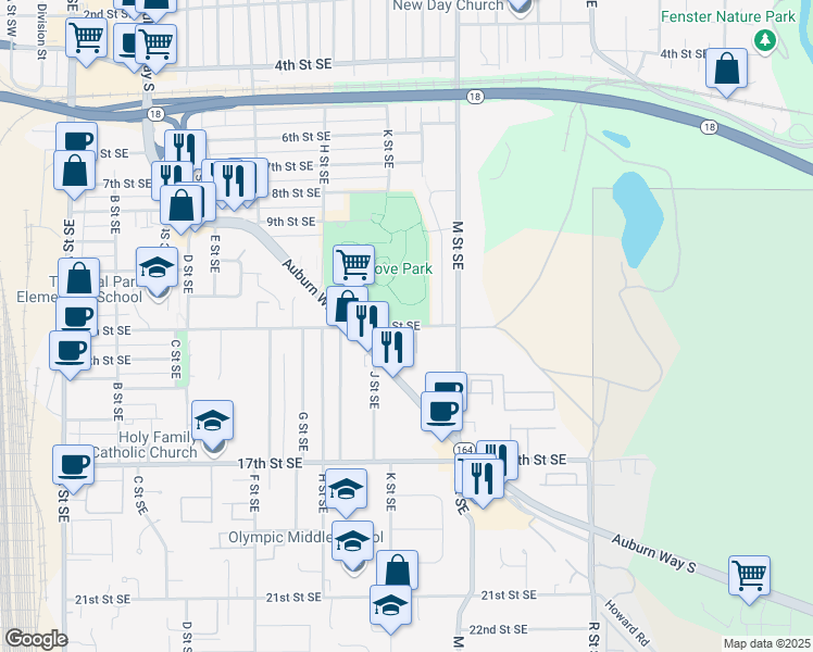 map of restaurants, bars, coffee shops, grocery stores, and more near 1005 12th Street Southeast in Auburn