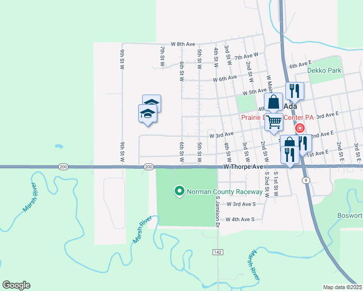 map of restaurants, bars, coffee shops, grocery stores, and more near 209 6th Street West in Ada