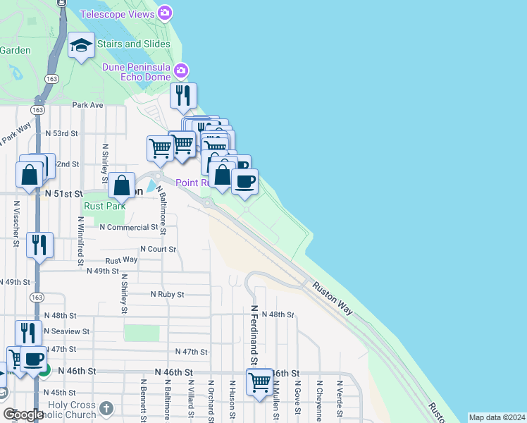map of restaurants, bars, coffee shops, grocery stores, and more near 4891 Ruston Way in Ruston