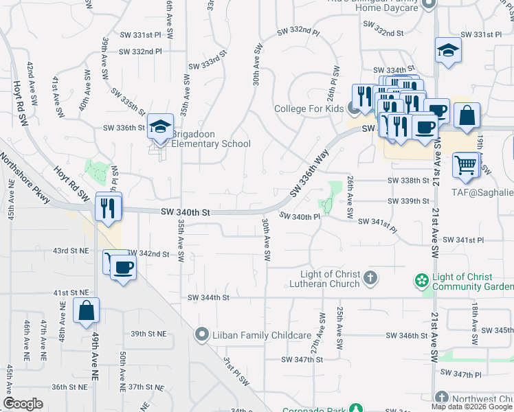 map of restaurants, bars, coffee shops, grocery stores, and more near 2936 Southwest 339th Street in Federal Way