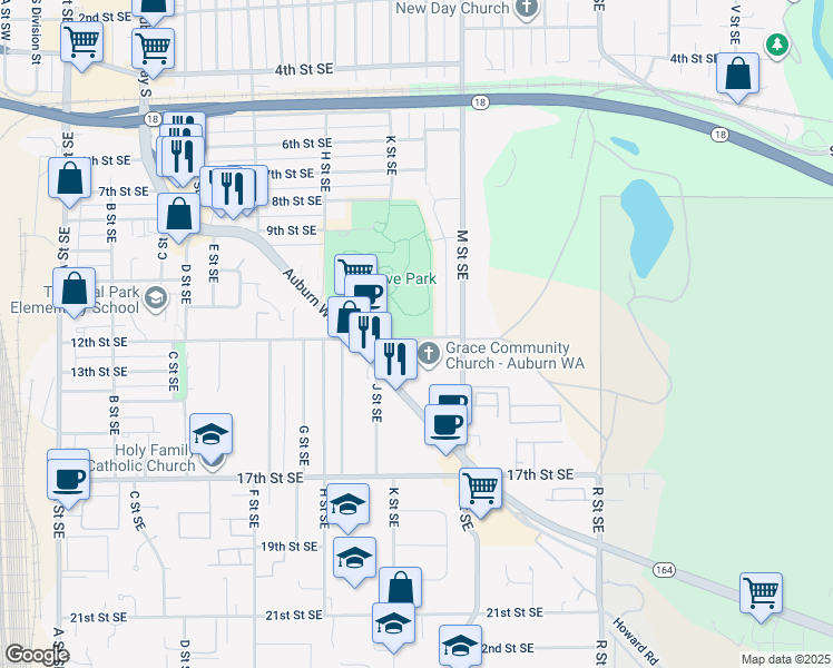 map of restaurants, bars, coffee shops, grocery stores, and more near 1005 12th Street Southeast in Auburn