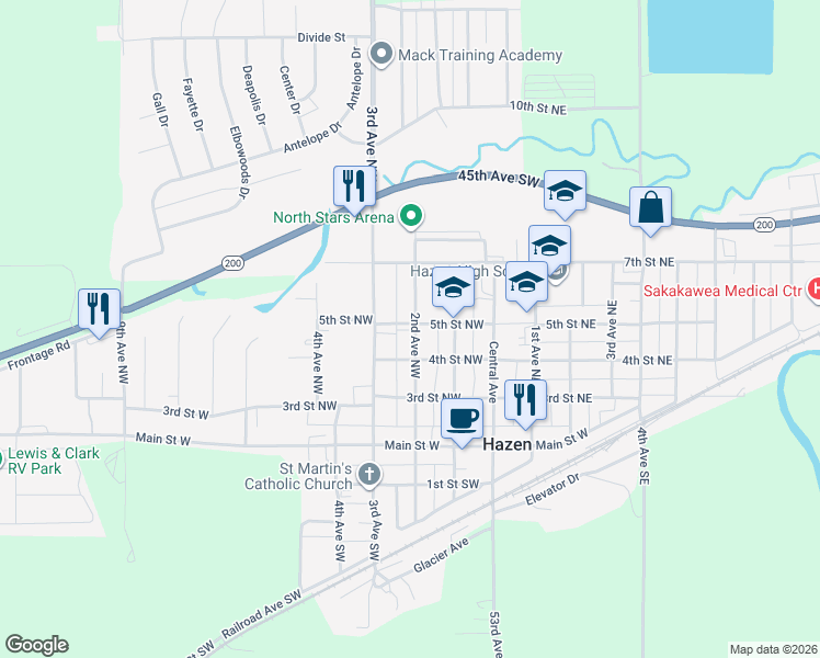 map of restaurants, bars, coffee shops, grocery stores, and more near 509 2nd Avenue Northwest in Hazen