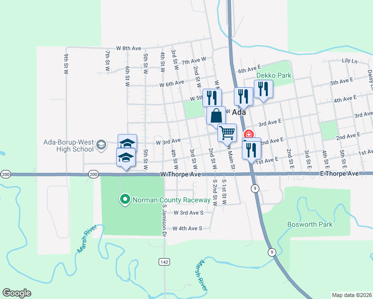 map of restaurants, bars, coffee shops, grocery stores, and more near 210 4th Street West in Ada