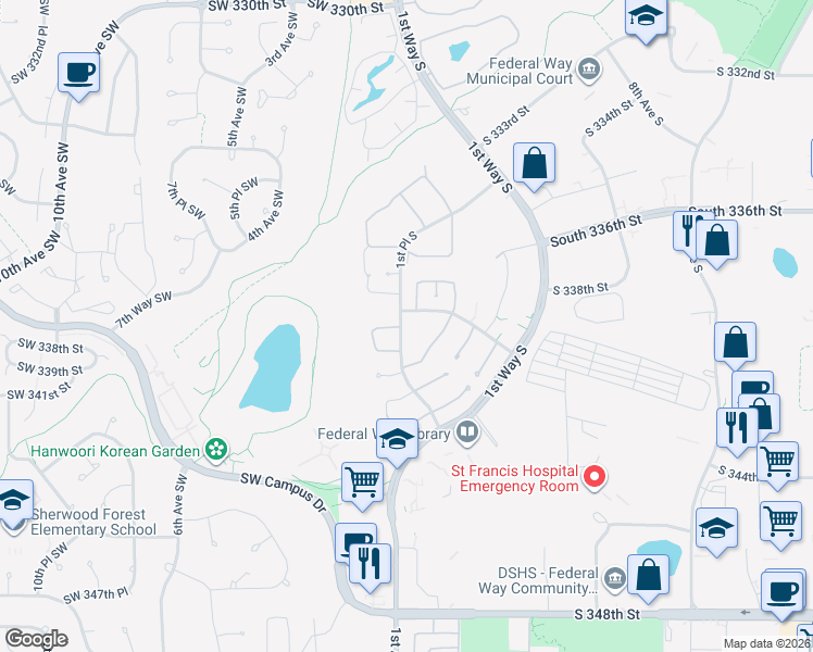 map of restaurants, bars, coffee shops, grocery stores, and more near 34024 1st Place South in Federal Way