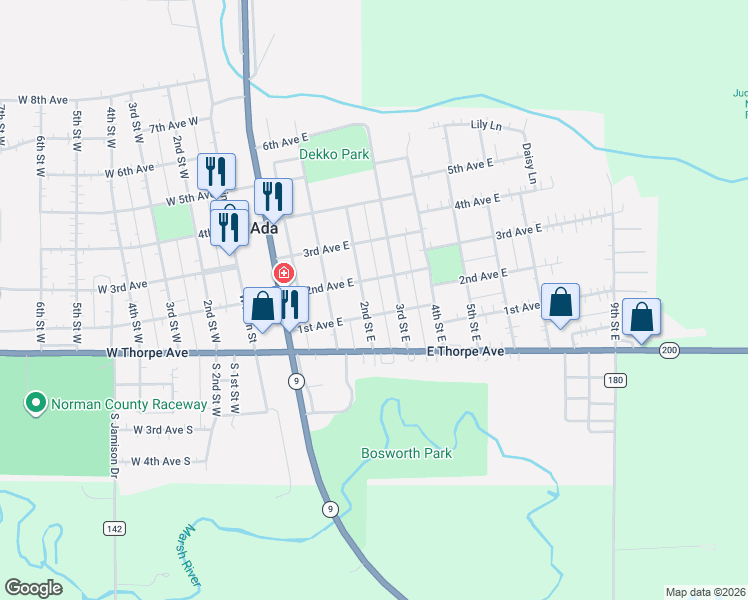 map of restaurants, bars, coffee shops, grocery stores, and more near 109 3rd Street East in Ada