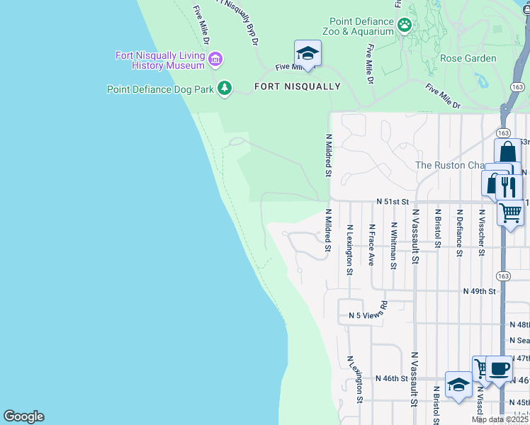 map of restaurants, bars, coffee shops, grocery stores, and more near 6 North Salmon Beach in Tacoma