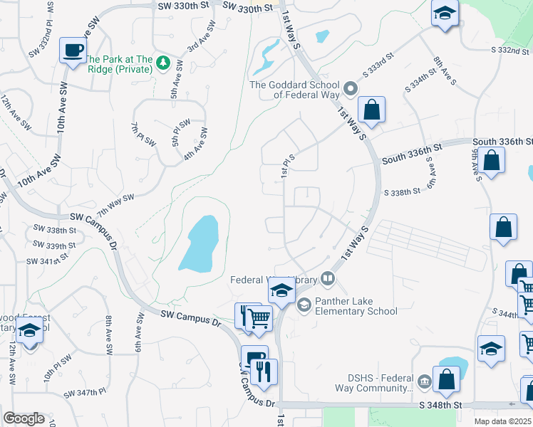 map of restaurants, bars, coffee shops, grocery stores, and more near 33855 1st Way South in Federal Way