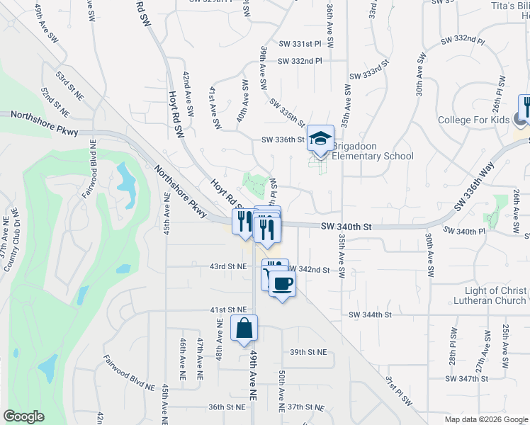 map of restaurants, bars, coffee shops, grocery stores, and more near 3820 Southwest 339th Street in Federal Way