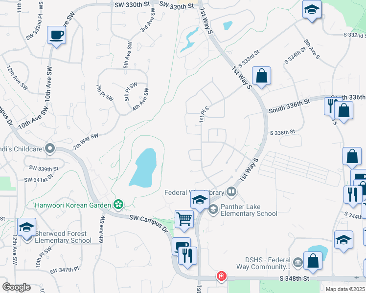 map of restaurants, bars, coffee shops, grocery stores, and more near 34007 1st Circle South in Federal Way