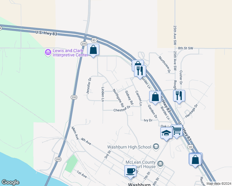 map of restaurants, bars, coffee shops, grocery stores, and more near 1208 Northgate Road in Washburn