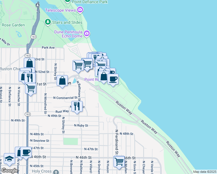 map of restaurants, bars, coffee shops, grocery stores, and more near 5020 Main Street in Tacoma