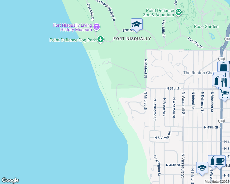 map of restaurants, bars, coffee shops, grocery stores, and more near 6 North Salmon Beach Drive in Tacoma