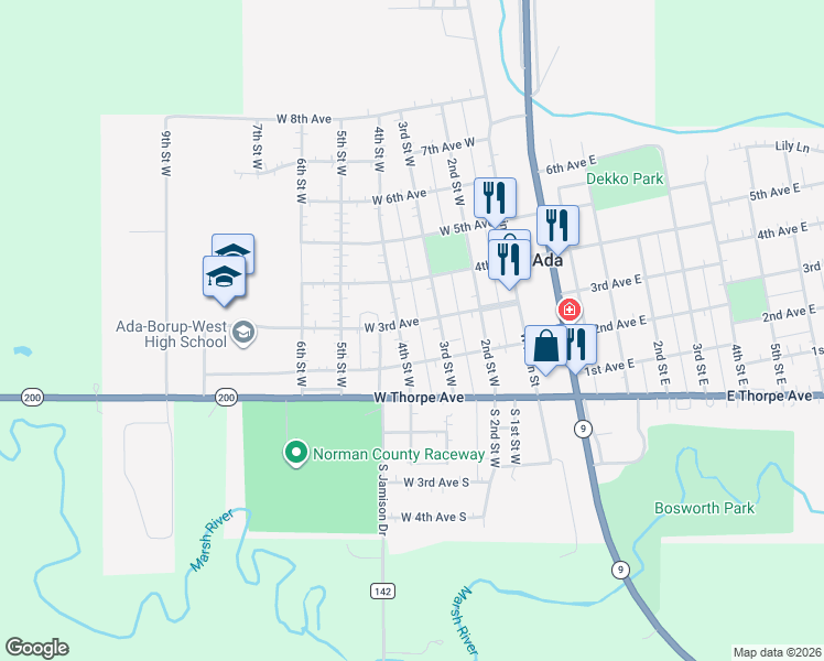 map of restaurants, bars, coffee shops, grocery stores, and more near 210 4th Street West in Ada
