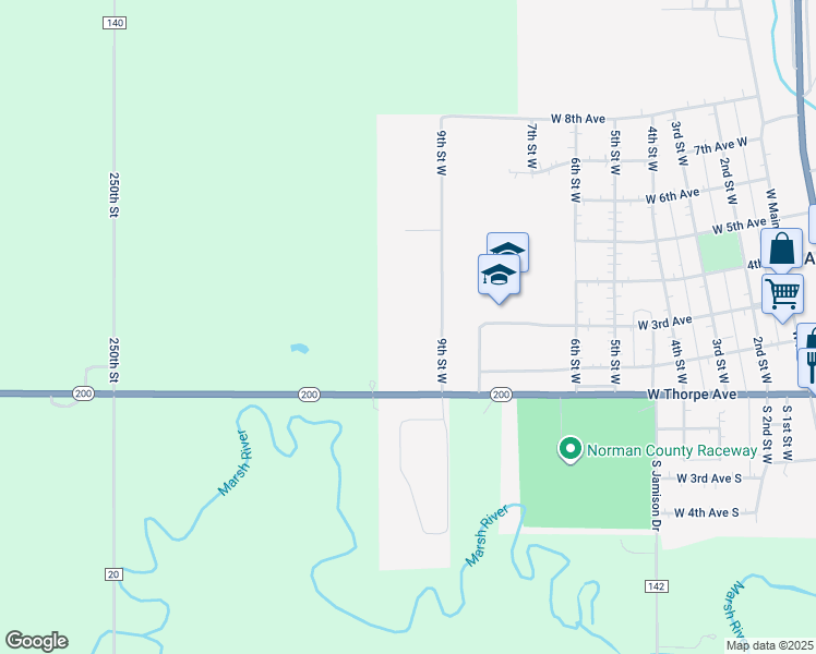 map of restaurants, bars, coffee shops, grocery stores, and more near 201 9th Street West in Ada