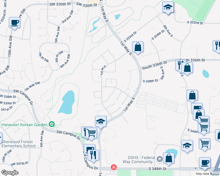 map of restaurants, bars, coffee shops, grocery stores, and more near 105 South 340th Street in Federal Way