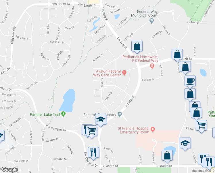 map of restaurants, bars, coffee shops, grocery stores, and more near 103 South 340th Street in Federal Way