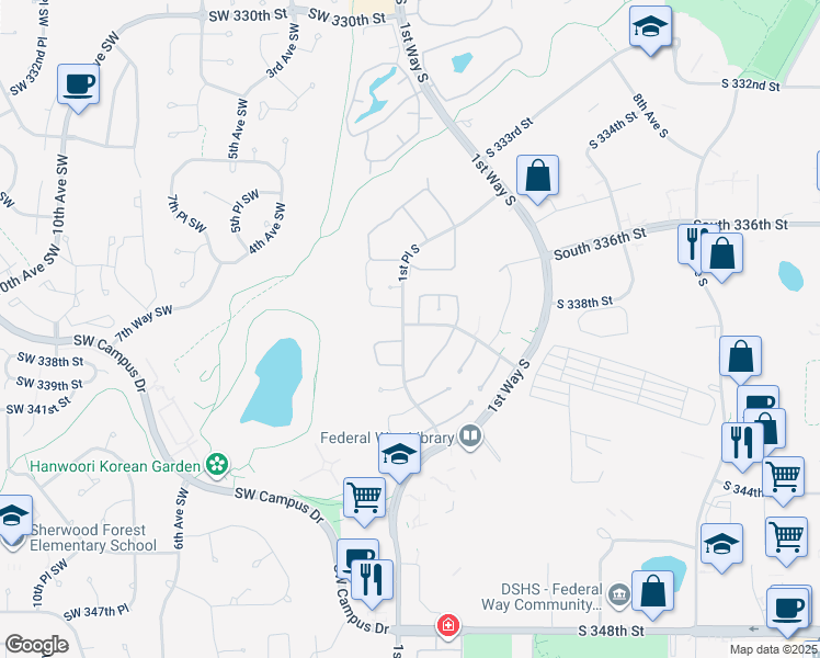 map of restaurants, bars, coffee shops, grocery stores, and more near 103 South 340th Street in Federal Way