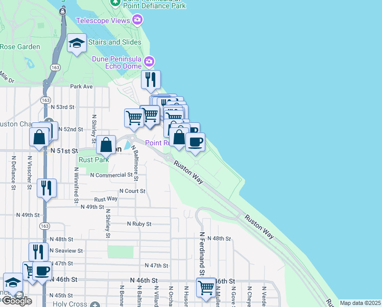 map of restaurants, bars, coffee shops, grocery stores, and more near 5005 Main Street in Tacoma