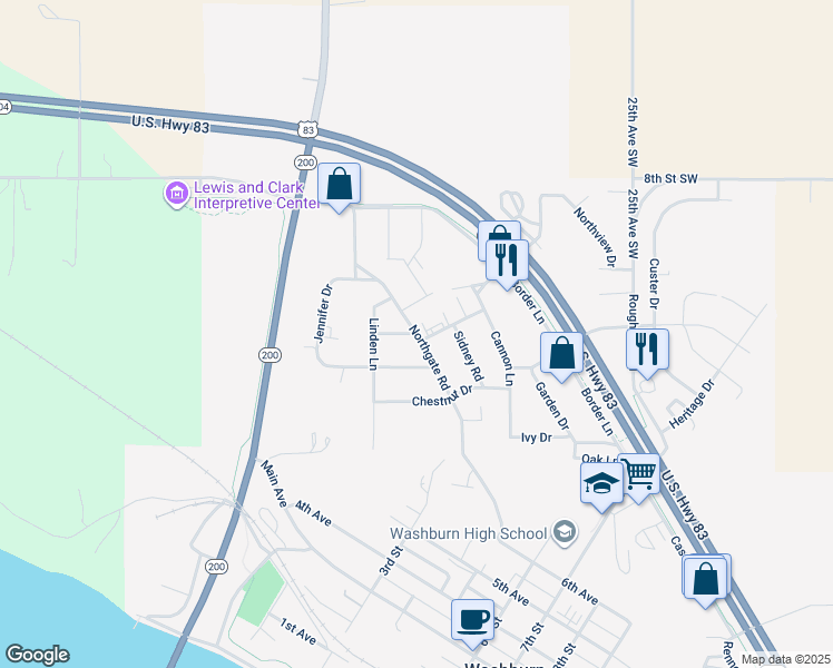 map of restaurants, bars, coffee shops, grocery stores, and more near 1208 Northgate Road in Washburn