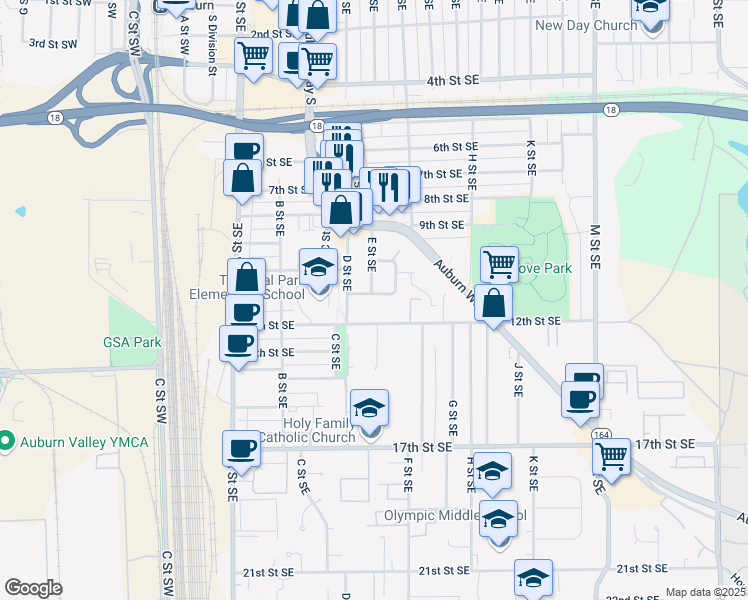 map of restaurants, bars, coffee shops, grocery stores, and more near 432 11th Street Southeast in Auburn