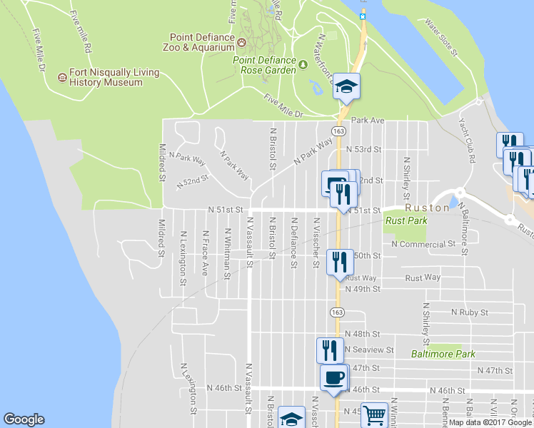 map of restaurants, bars, coffee shops, grocery stores, and more near 5044 North Bristol Street in Tacoma