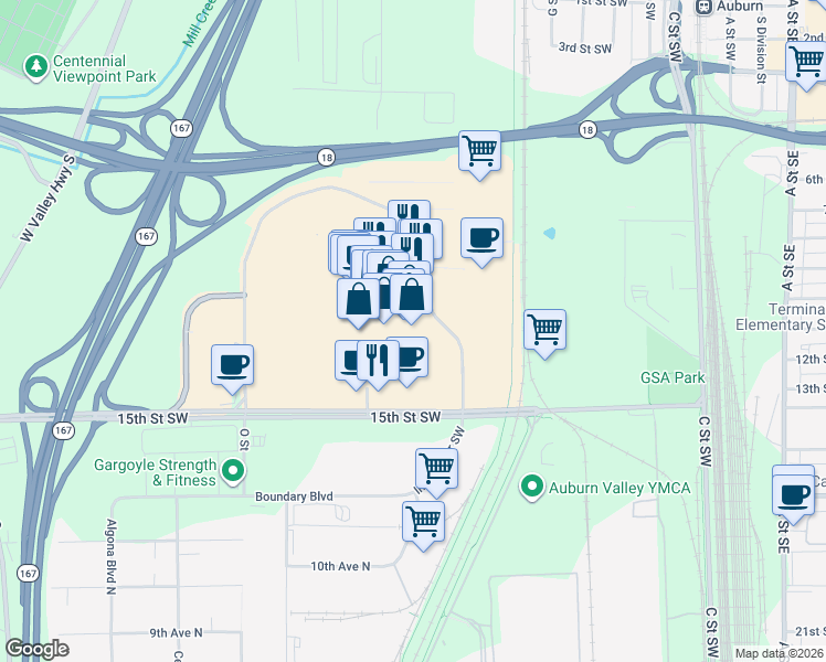 map of restaurants, bars, coffee shops, grocery stores, and more near 1101 Outlet Collection Way in Auburn