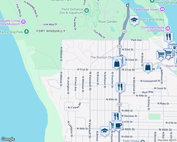 map of restaurants, bars, coffee shops, grocery stores, and more near 6302 North 51st Street in Tacoma