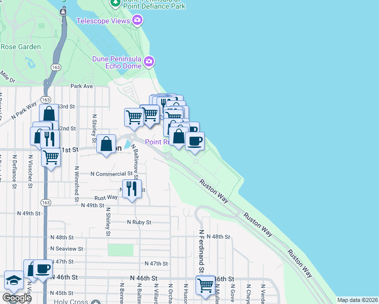 map of restaurants, bars, coffee shops, grocery stores, and more near 5005 Main Street in Tacoma