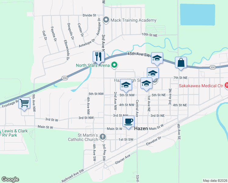map of restaurants, bars, coffee shops, grocery stores, and more near 509 2nd Avenue Northwest in Hazen