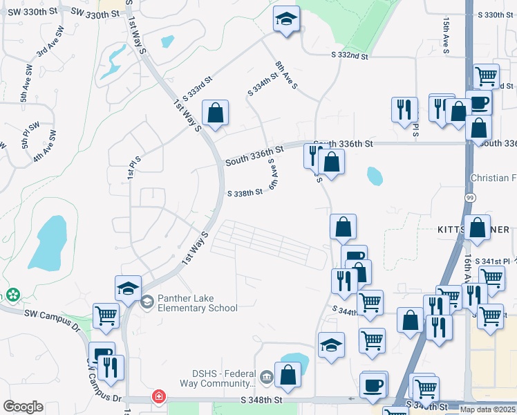 map of restaurants, bars, coffee shops, grocery stores, and more near 491 South 338th Street in Federal Way