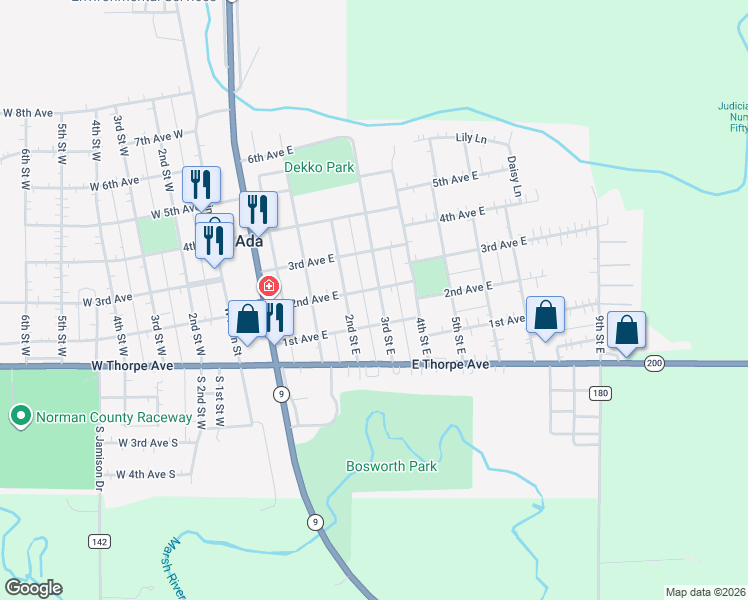 map of restaurants, bars, coffee shops, grocery stores, and more near 109 3rd Street East in Ada