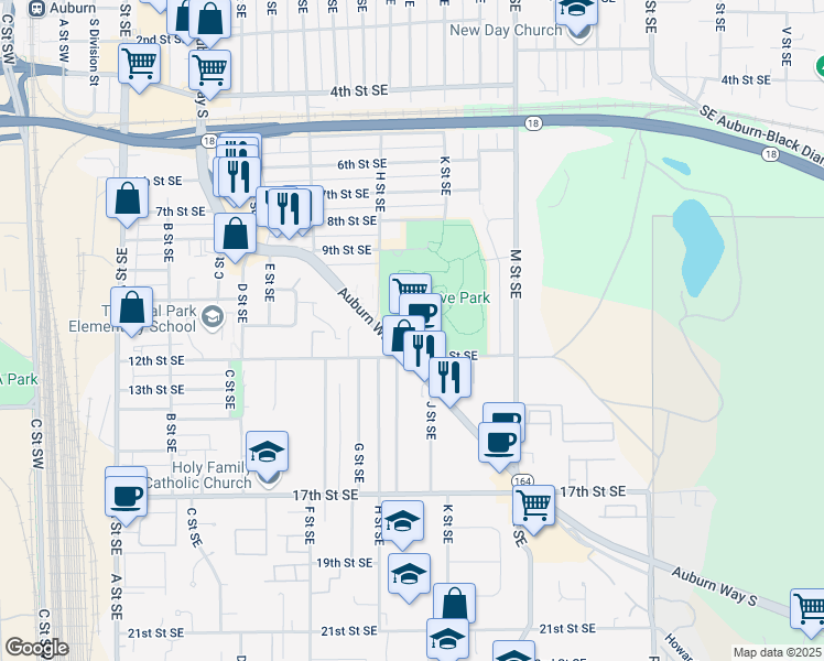 map of restaurants, bars, coffee shops, grocery stores, and more near 1140 Auburn Way South in Auburn