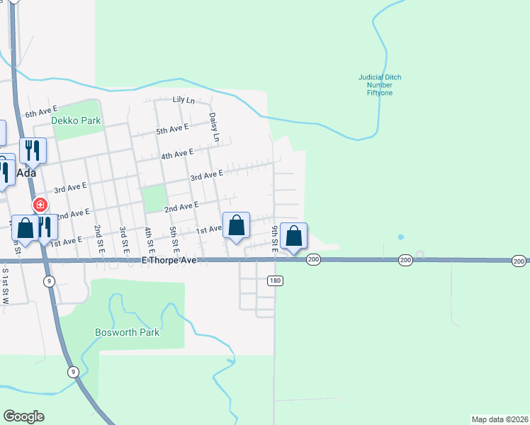 map of restaurants, bars, coffee shops, grocery stores, and more near 809 1st Avenue East in Ada