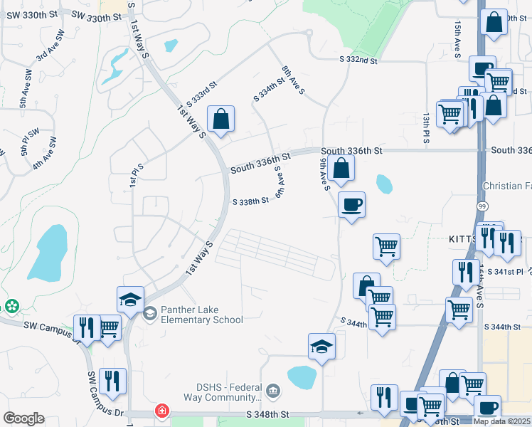 map of restaurants, bars, coffee shops, grocery stores, and more near 491 S 338th St in Federal Way