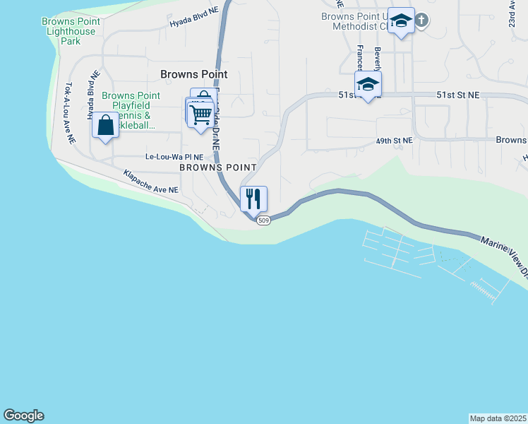 map of restaurants, bars, coffee shops, grocery stores, and more near 4518 Kennedy Road Northeast in Tacoma
