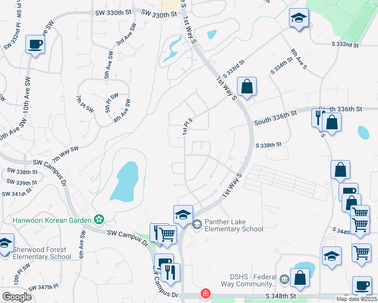 map of restaurants, bars, coffee shops, grocery stores, and more near 103 South 340th Street in Federal Way